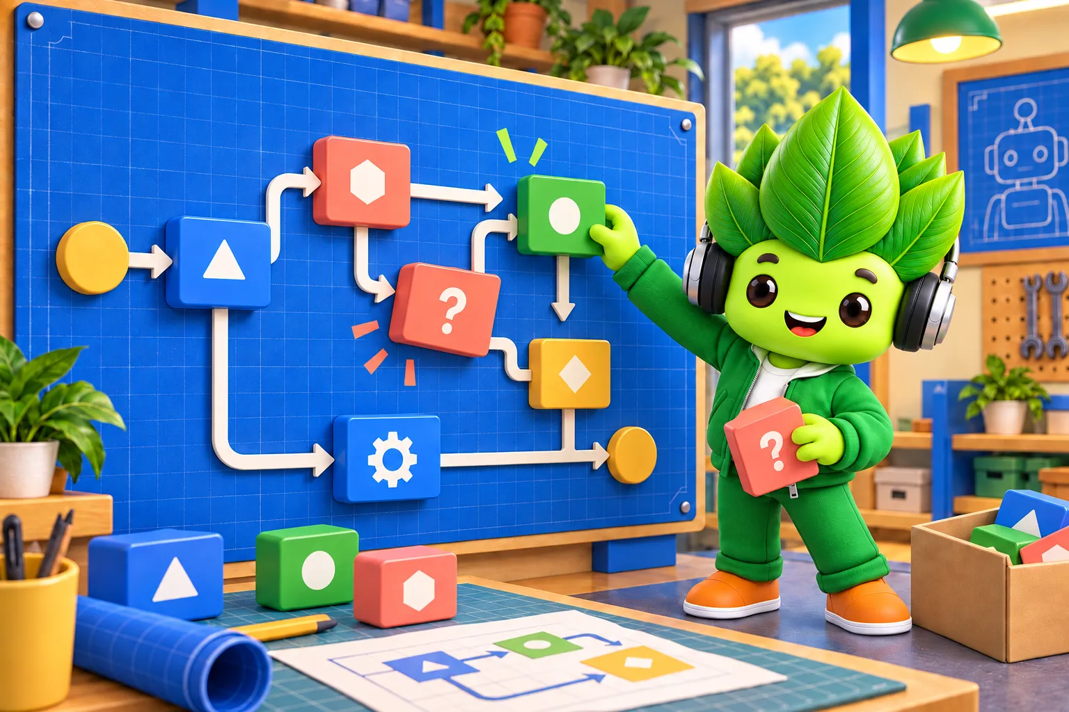 Maskot Kacau Daun menyusun semula blok dan laluan seni bina bot pada papan blueprint