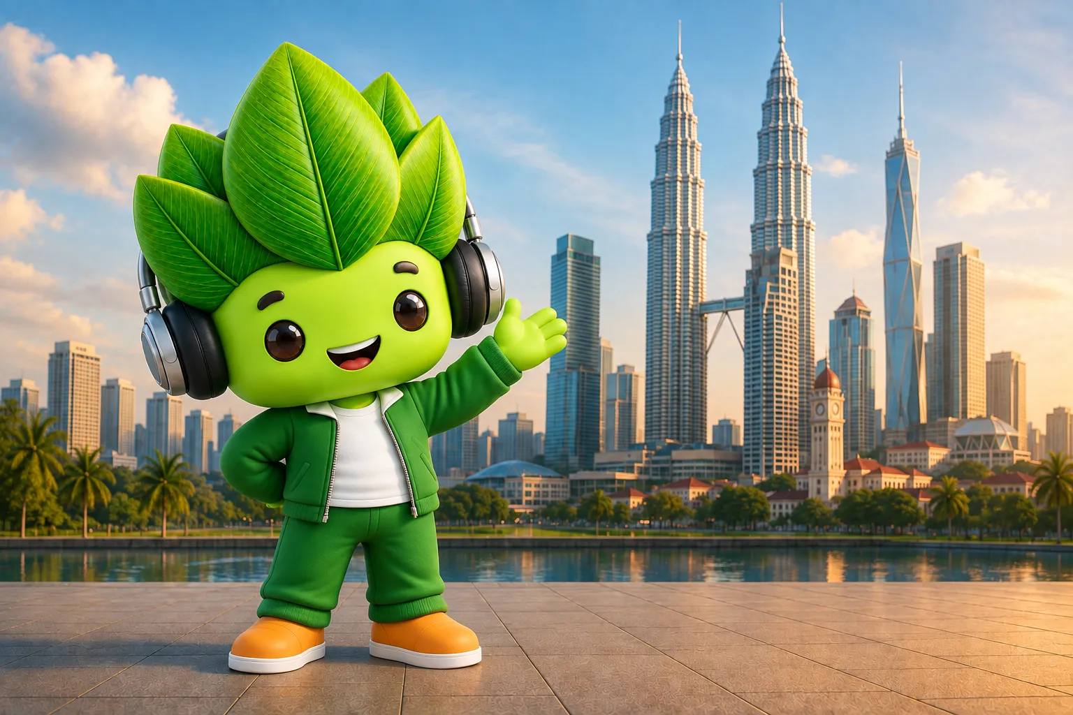Maskot Kacau Daun melambai di hadapan latar bandar Kuala Lumpur