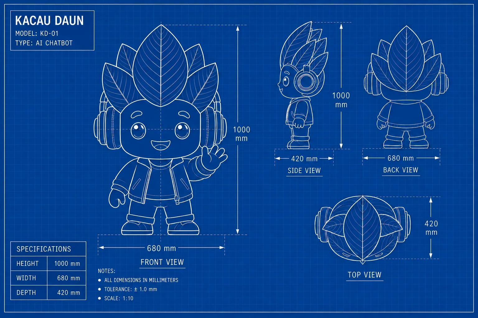 Pelan teknikal maskot Kacau Daun pada latar blueprint yang diperhalusi